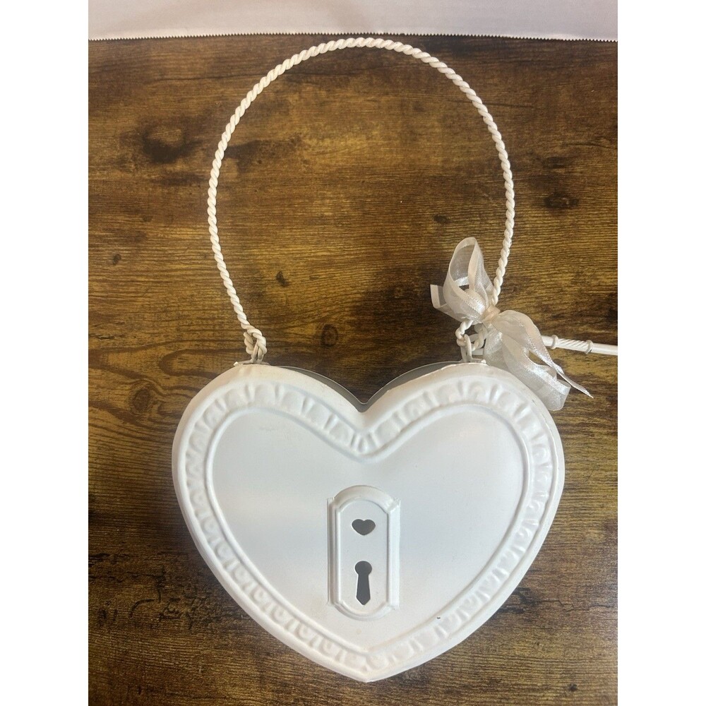 White Metal Heart-Shaped Hanging Lock Box w/ Key Ribbon Bow Small 7in x 5in - Picture 5 of 12